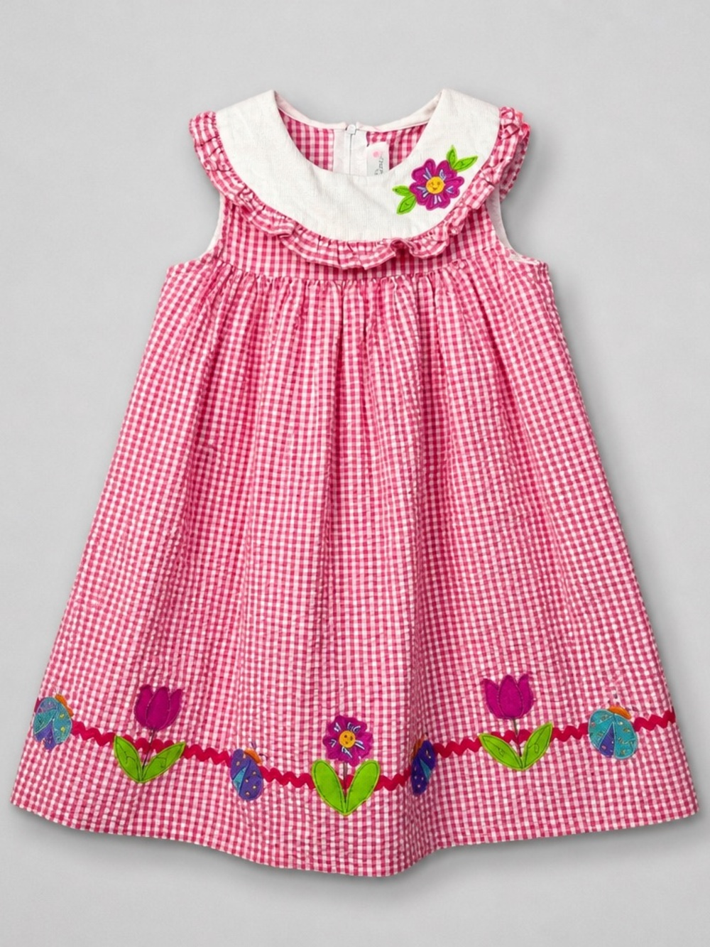 Sophie Rose Pink and white gingham Sear sucker dress with floral appliqués 4T